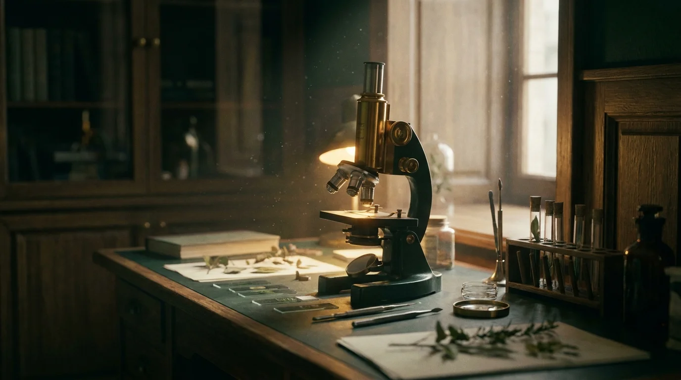 A brass microscope on a wooden lab bench with prepared slides and test tubes